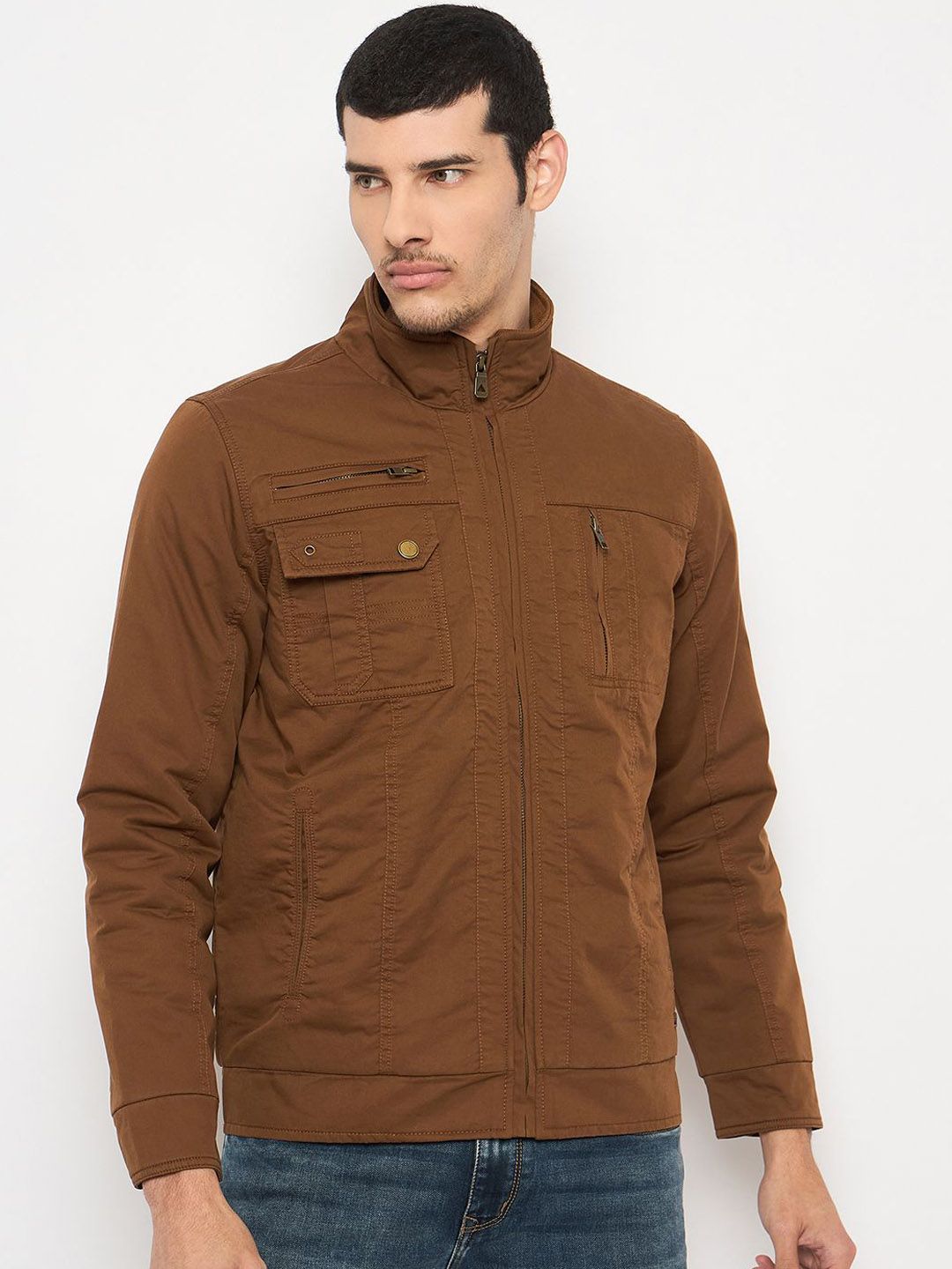Duke Men Mock Collar Solid Cotton Casual Bomber Jacket