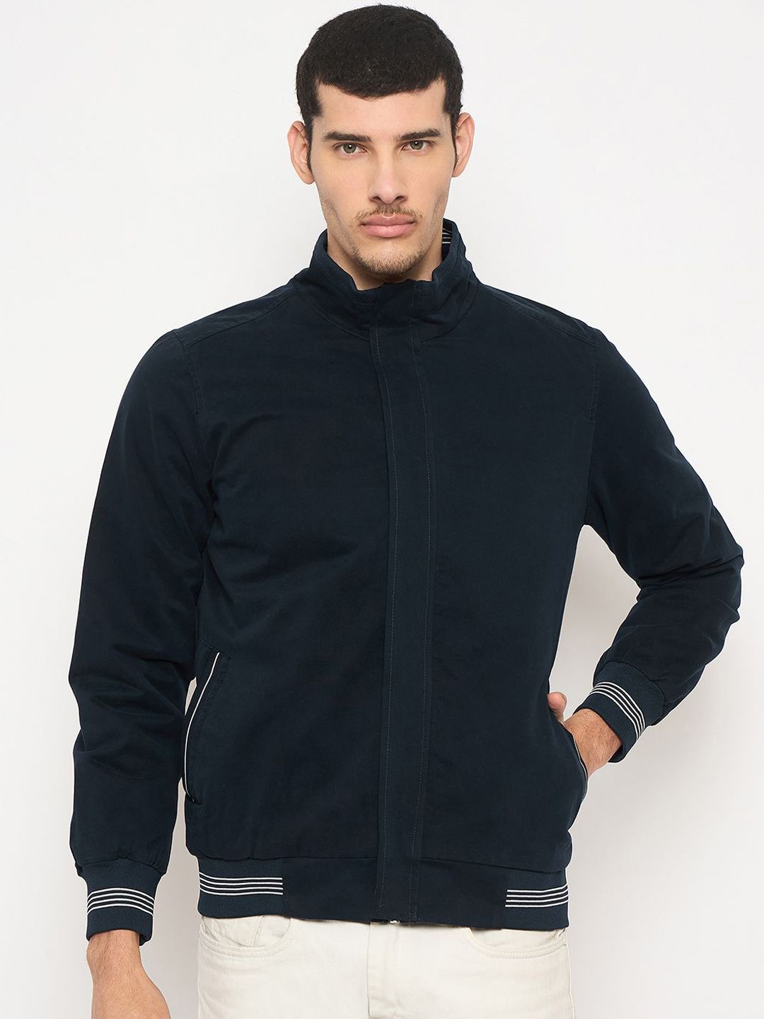 Duke Men Mandarin Collar Solid Cotton Casual Bomber Jacket