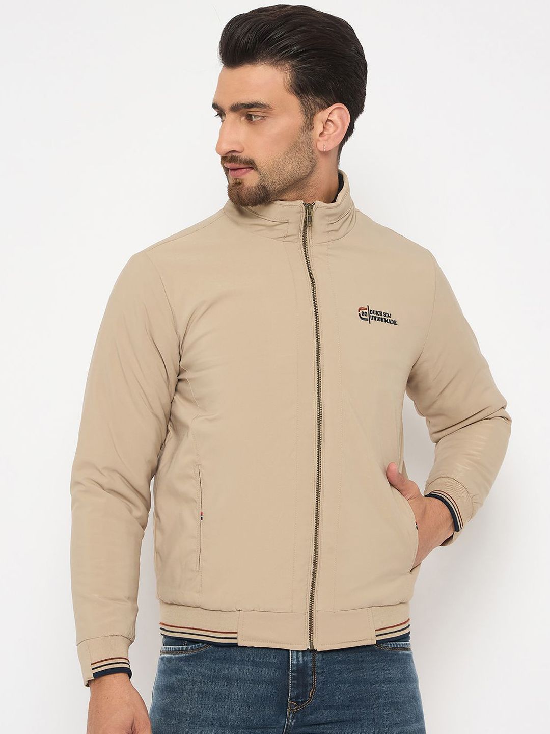 Duke Men Mock Collar Solid Casual Bomber Jacket