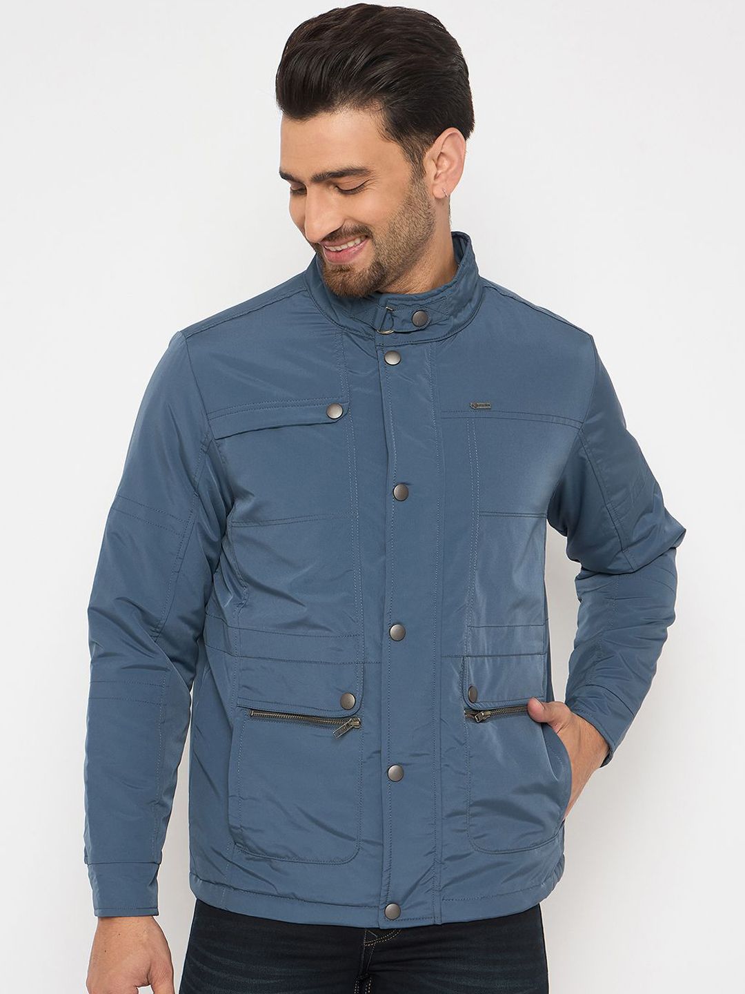 Duke Men Mandarin Collar Solid Casual Bomber Jacket