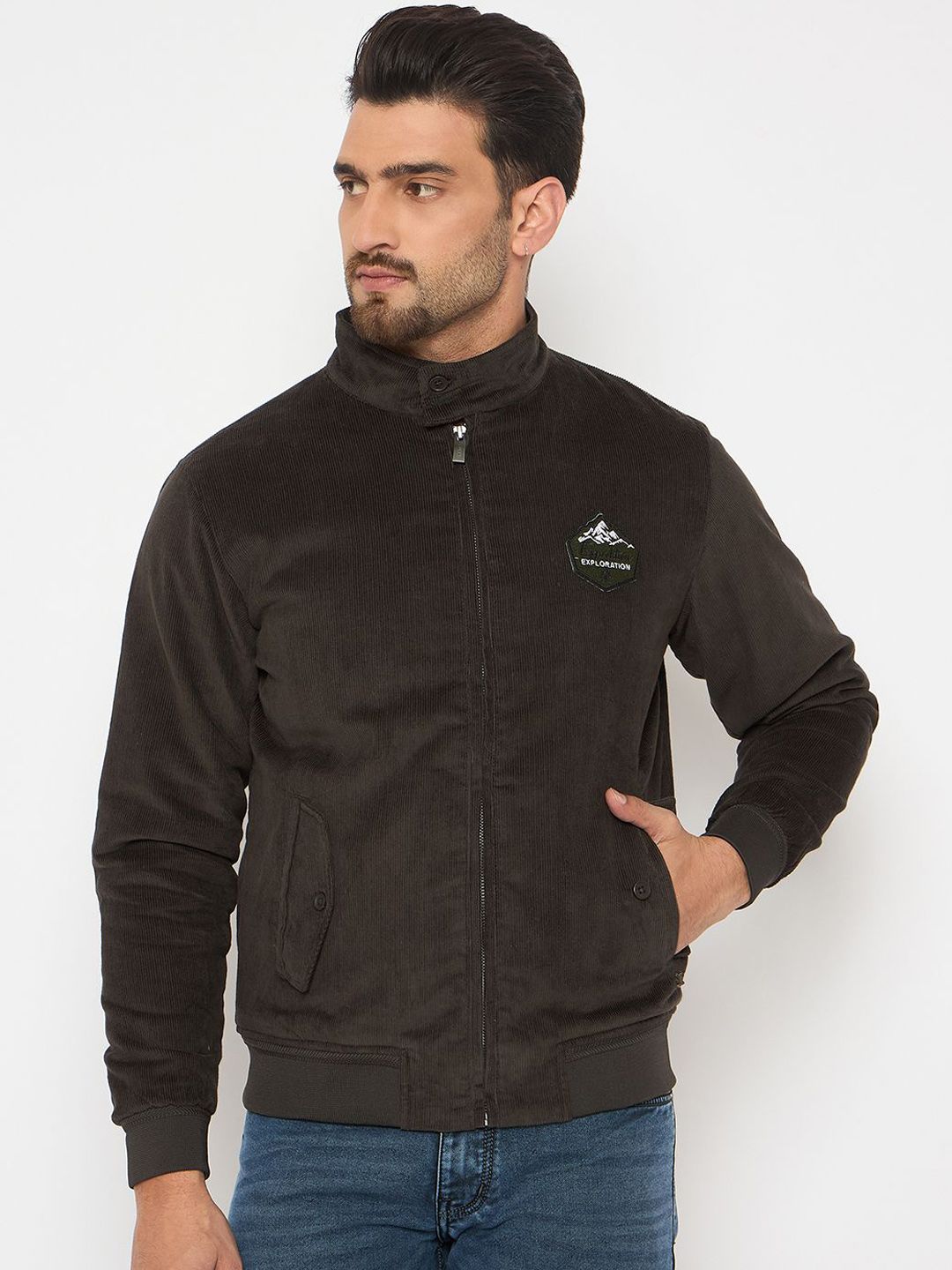 Duke Men Mandarin Collar Solid Corduroy Casual Bomber Jacket