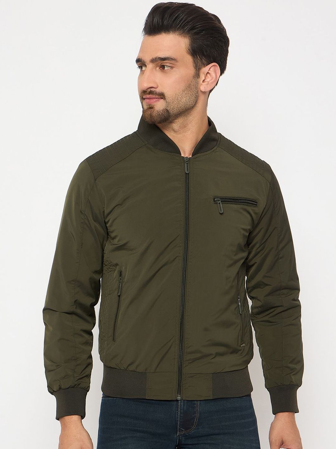 Duke Men Stand Collar Solid Casual Bomber Jacket