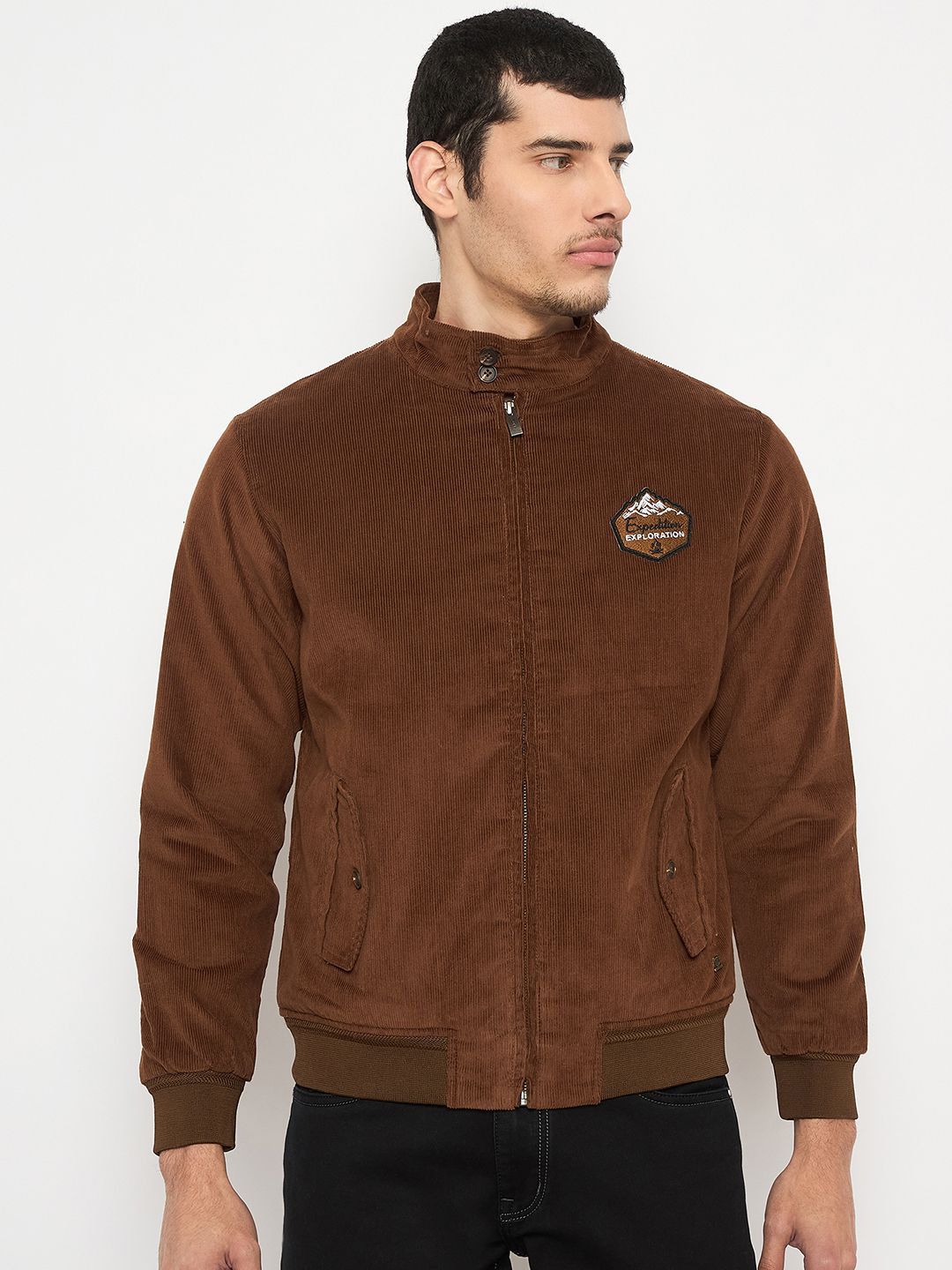 Duke Men Mandarin Collar Solid Corduroy Casual Bomber Jacket
