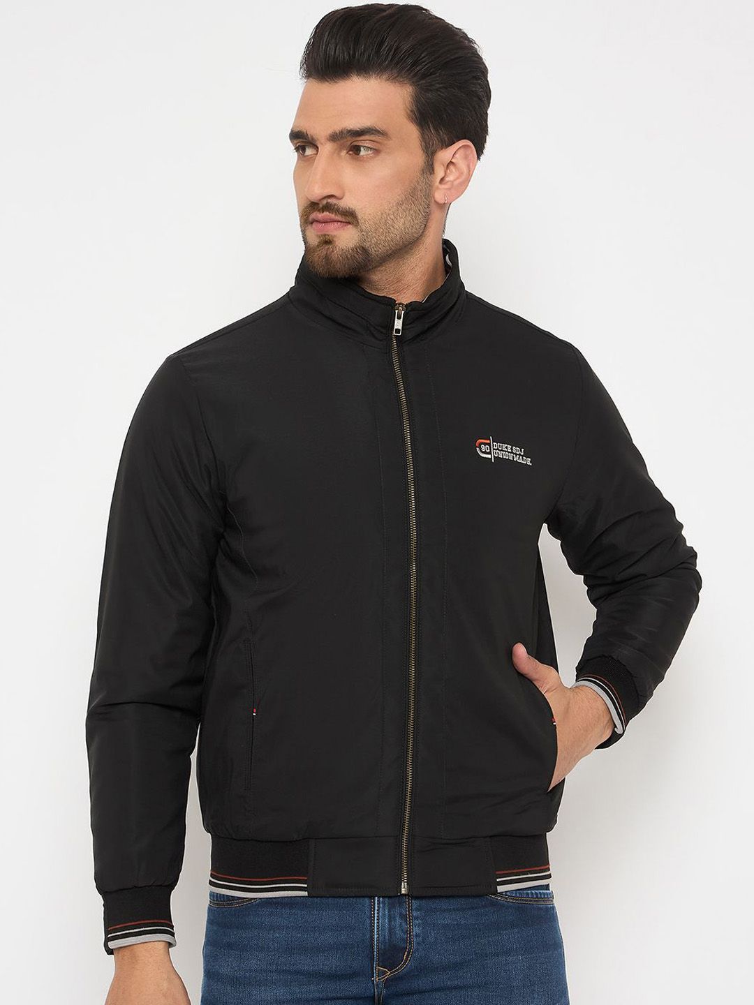 Duke Men Mock Collar Solid Casual Bomber Jacket