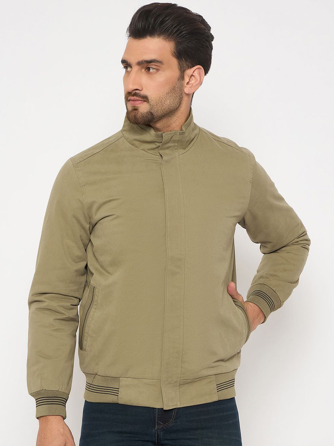 Duke Men Mandarin Collar Solid Cotton Casual Bomber Jacket