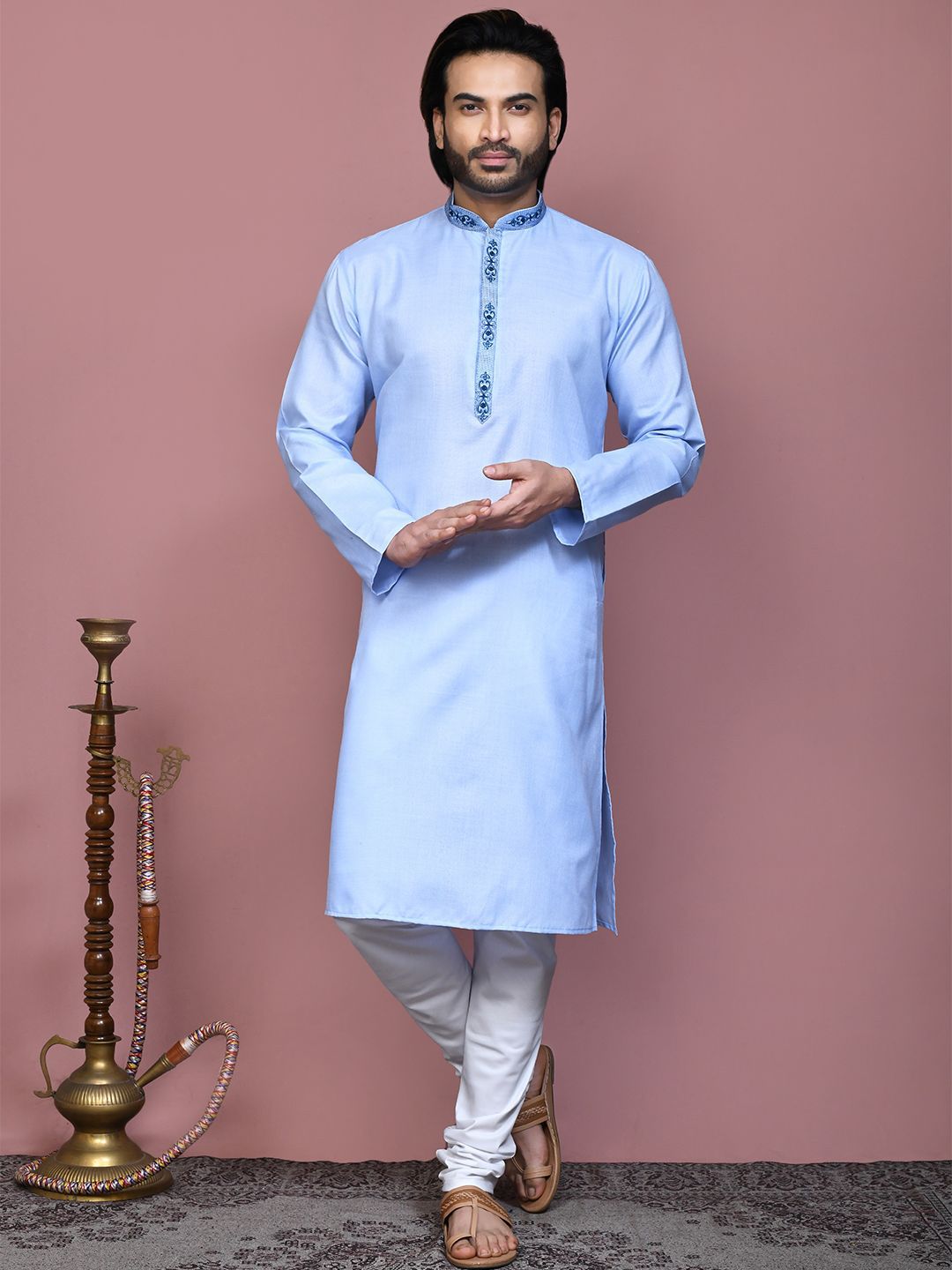RANAK Thread Work Mandarin Collar Pure Cotton Straight Kurta