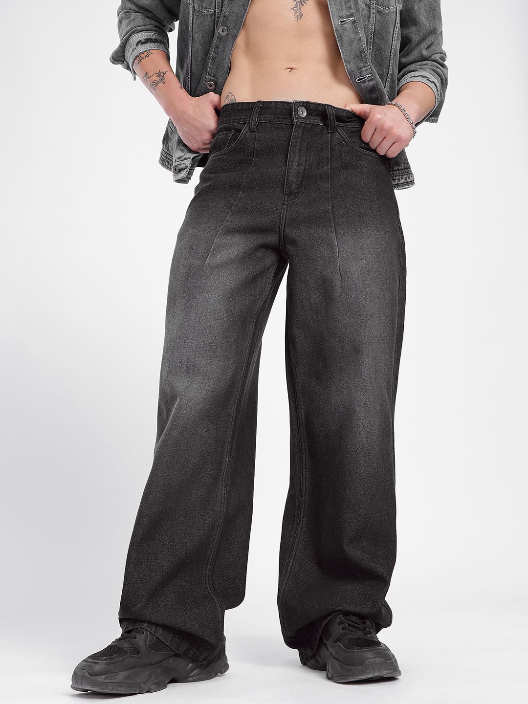 glitchez Men Mid-Rise Light Fade Baggy Fit Jeans with Front Seam