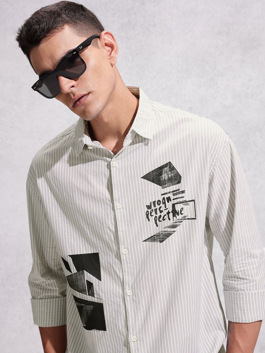 WROGN Striped Drop-Shoulder Sleeves  Cotton Oversized Casual Shirt