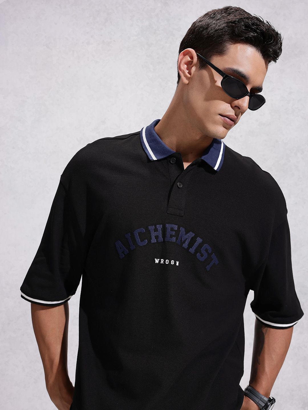 WROGN Pure Cotton Typography Embroidered Oversized Polo Collar T-shirt