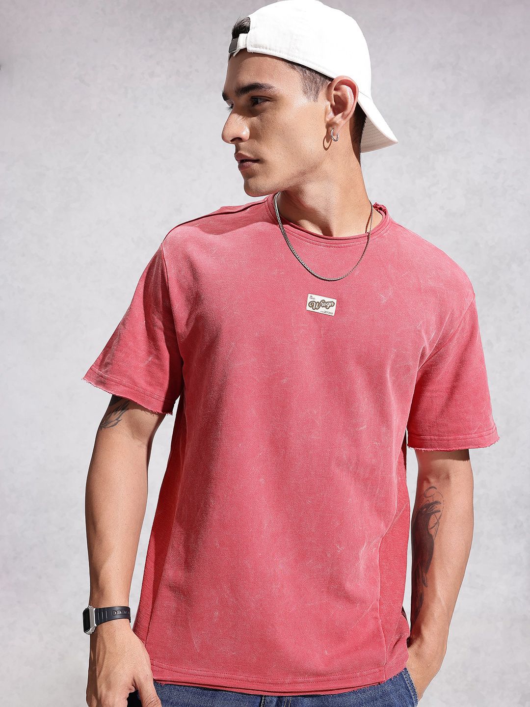 WROGN Drop-Shoulder Sleeves Washed Effect Pure Cotton Oversized T-shirt