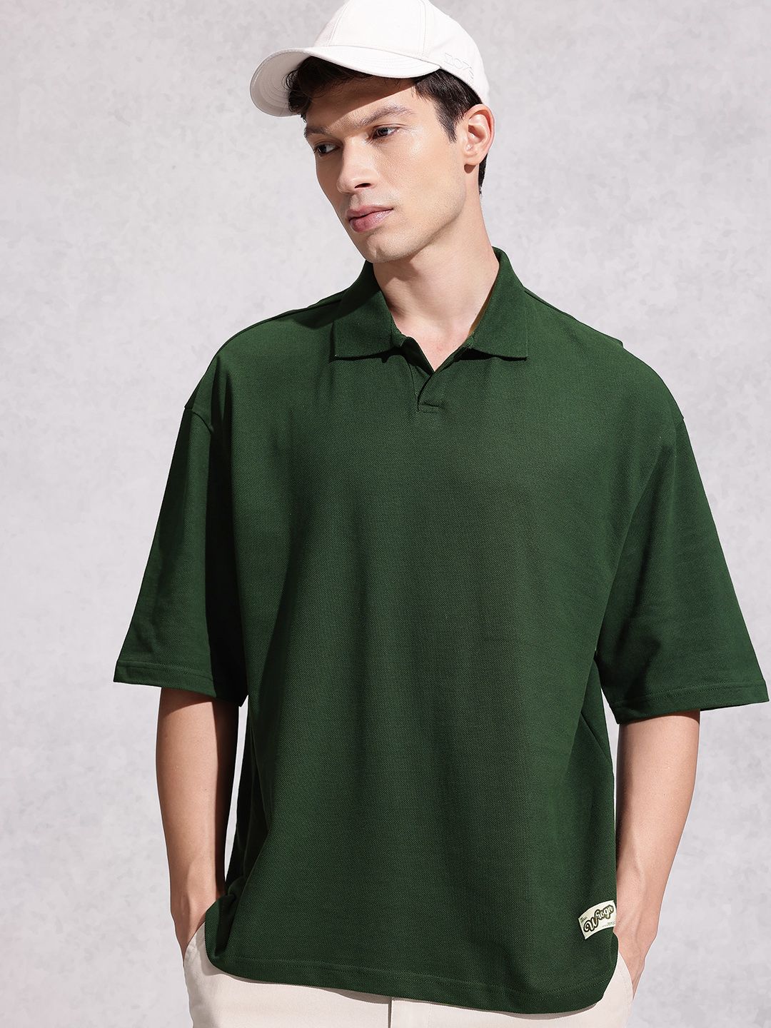 WROGN Polo Collar Drop-Shoulder Sleeves Pure Cotton Oversized T-shirt