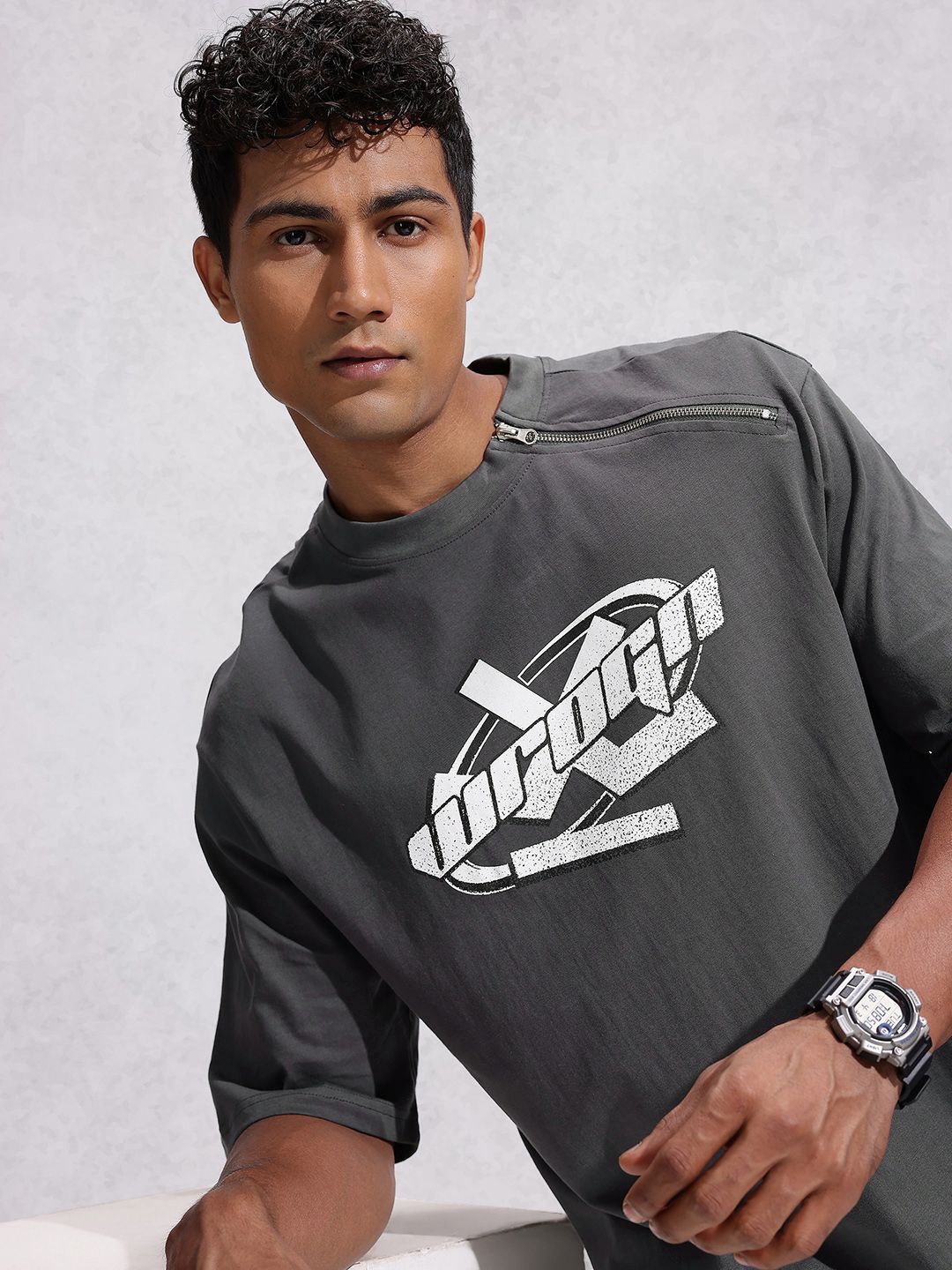 WROGN Pure Cotton Typography Printed Oversized T-shirt