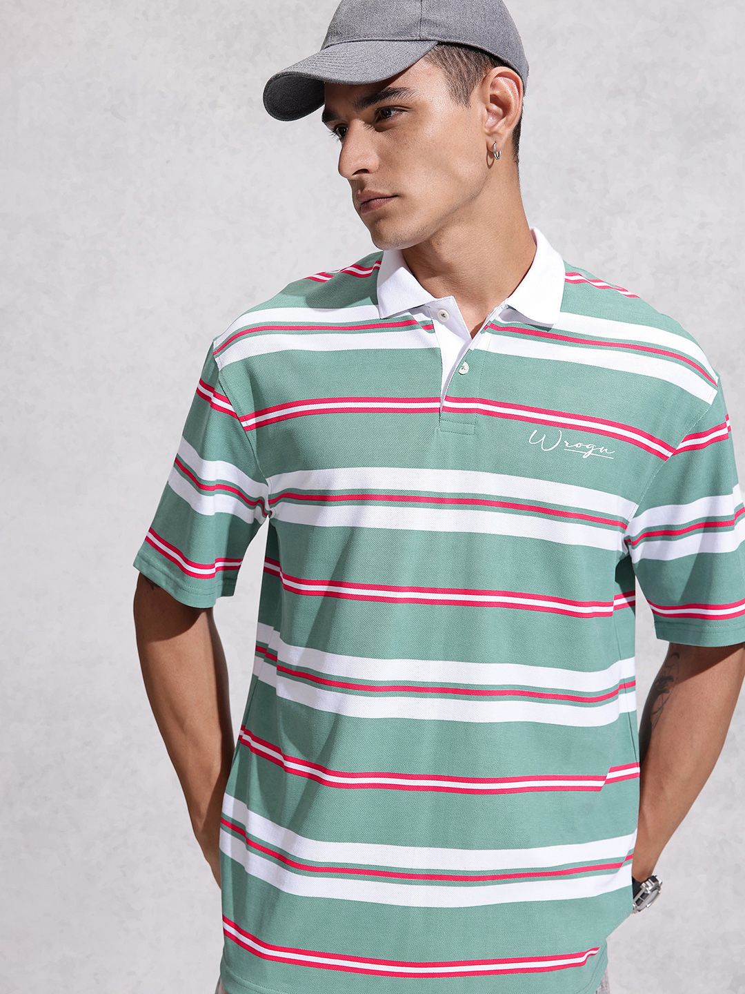 WROGN Oversized Fit Striped Polo Collar Pure Cotton T-shirt