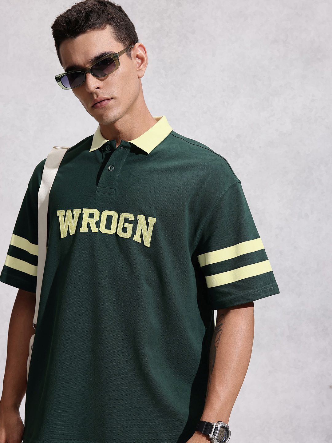 WROGN Oversized Fit Brand Logo Applique Polo Collar Pure Cotton T-shirt
