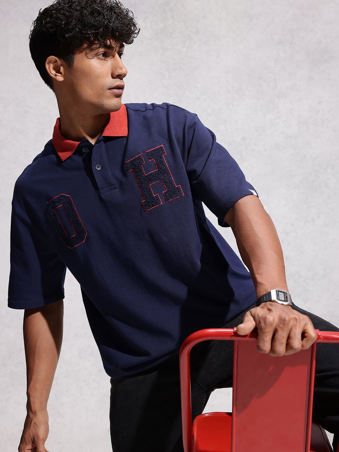 WROGN WROGN Typography Pure Cotton Polo Collar Oversized T-shirt