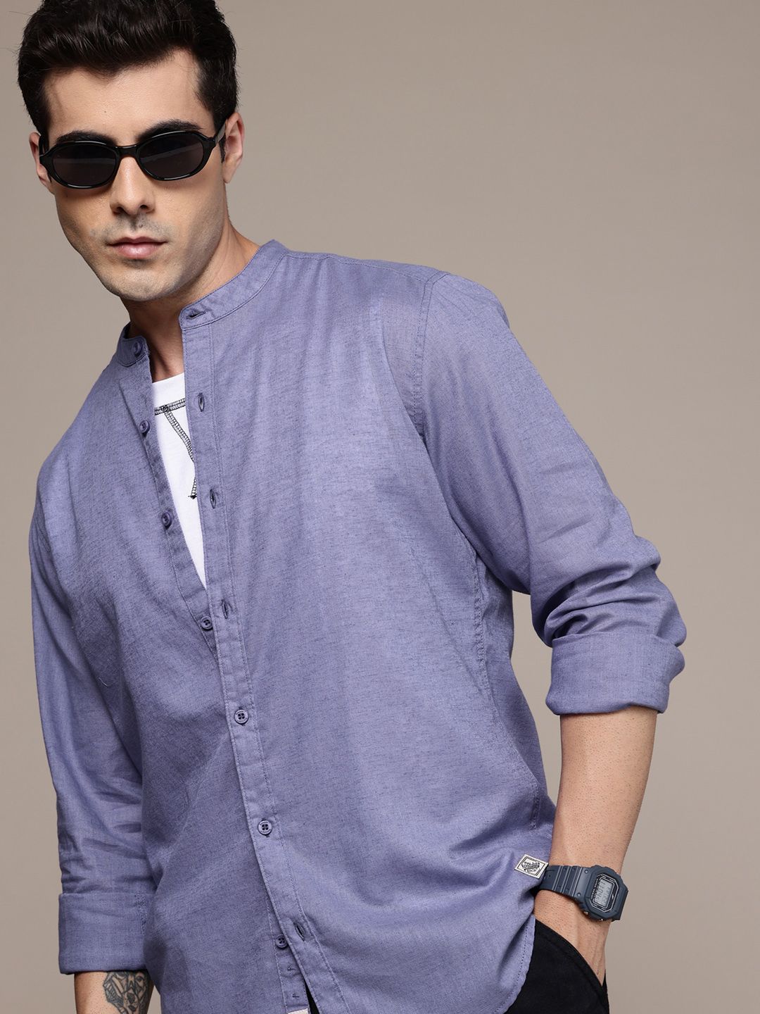 The Roadster Lifestyle Co. Solid Band Collar Casual Shirt
