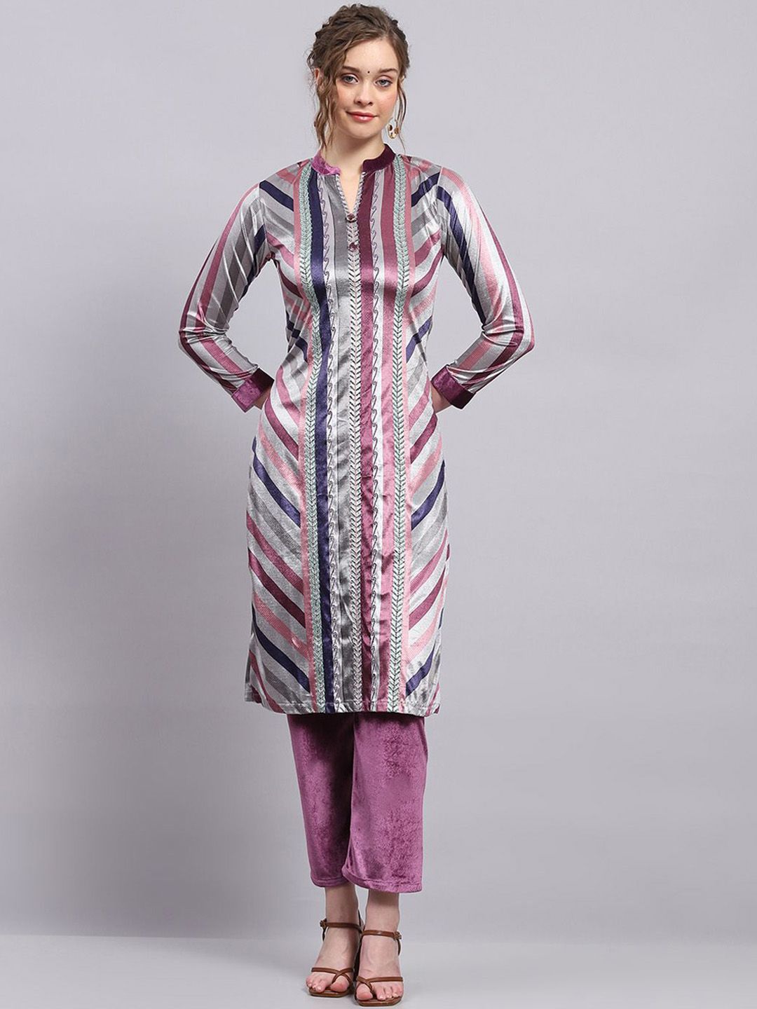 Monte Carlo Striped Printed Mandarin Collar Straight Kurta With Trousers