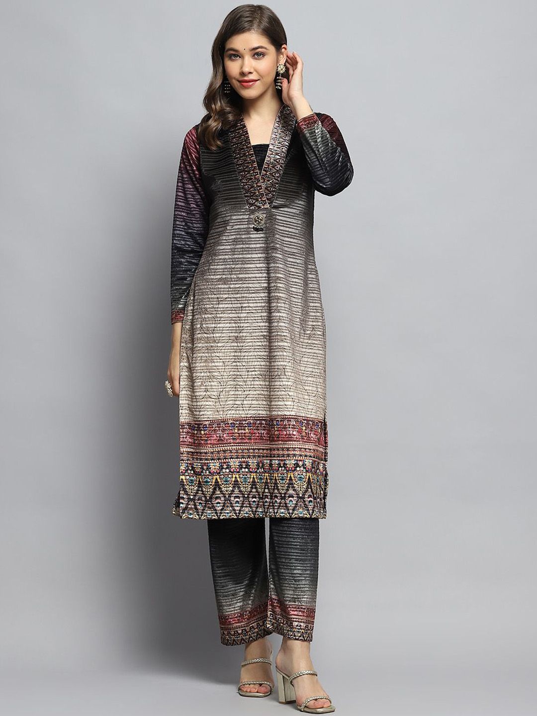 Monte Carlo Striped Self Design V-Neck Beaded & Stones Studded Straight Kurta With Trouser