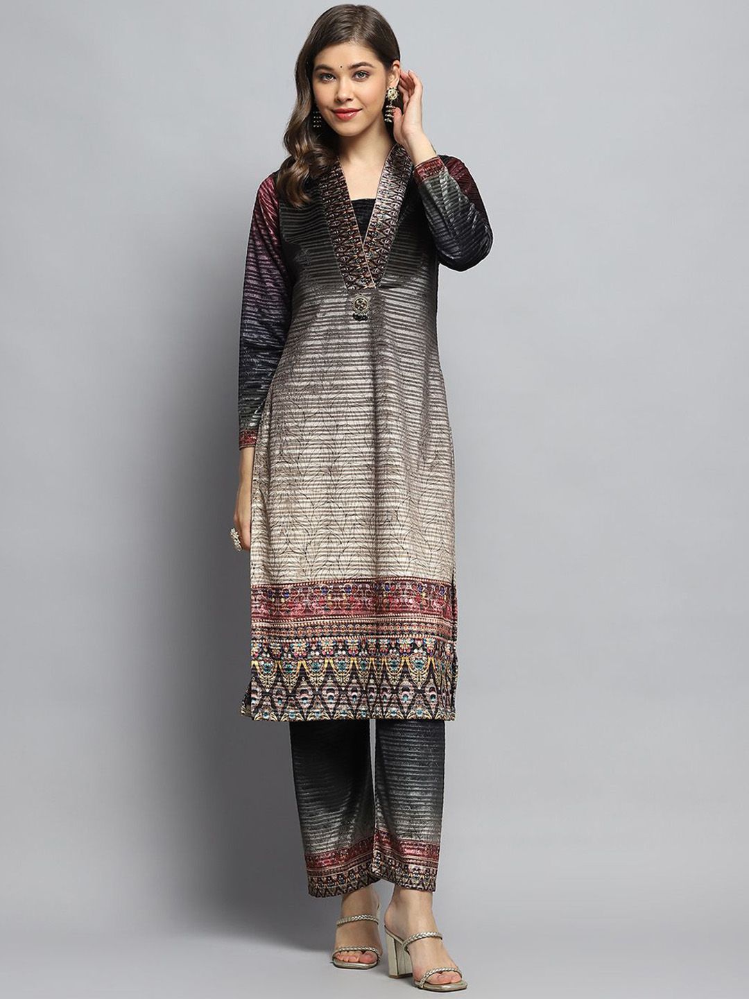 Monte Carlo Striped Printed V-Neck Straight Kurta with Trousers