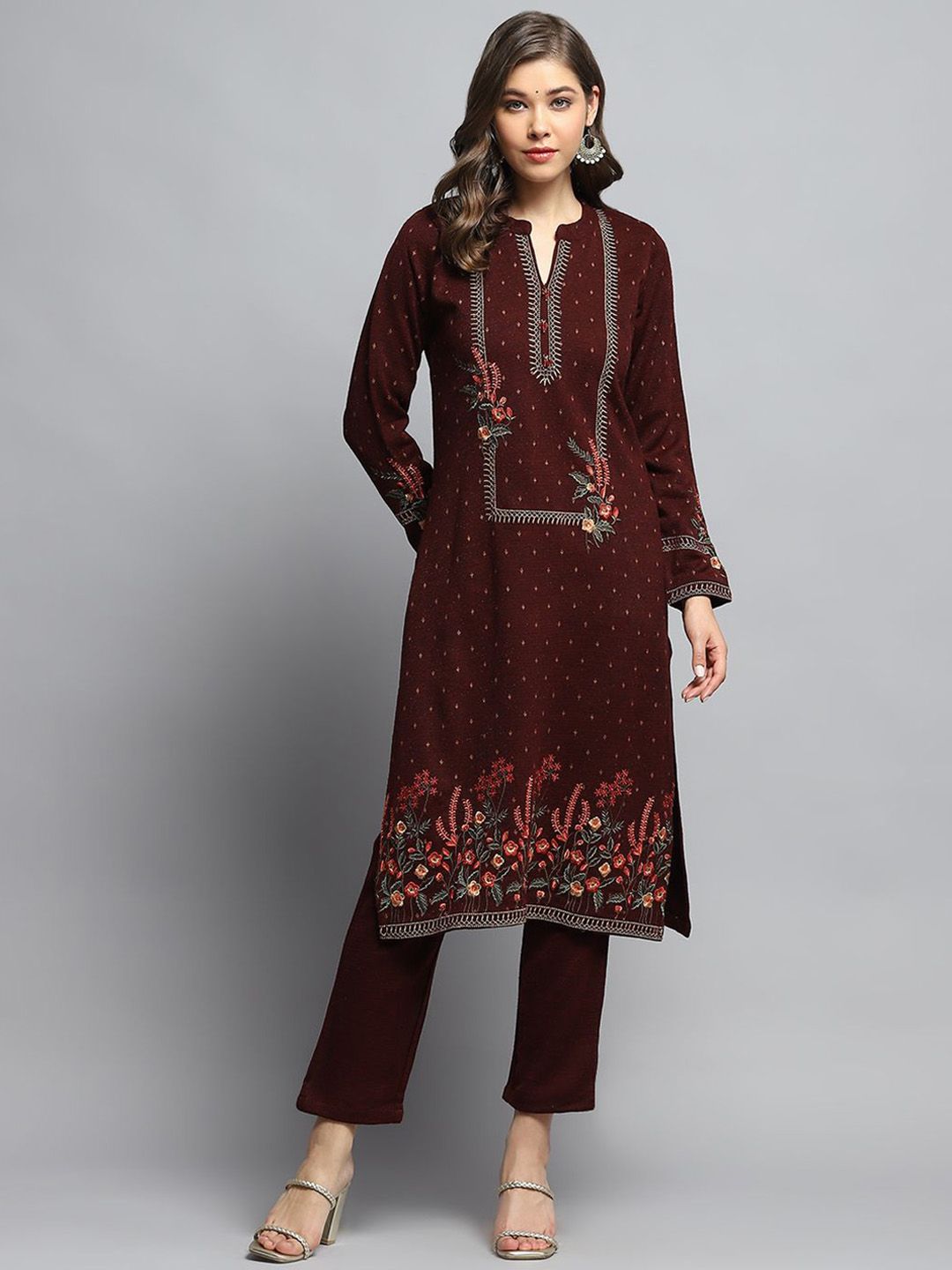 Monte Carlo Mandarin Collar Floral Embroidered Straight Kurta With Trouser
