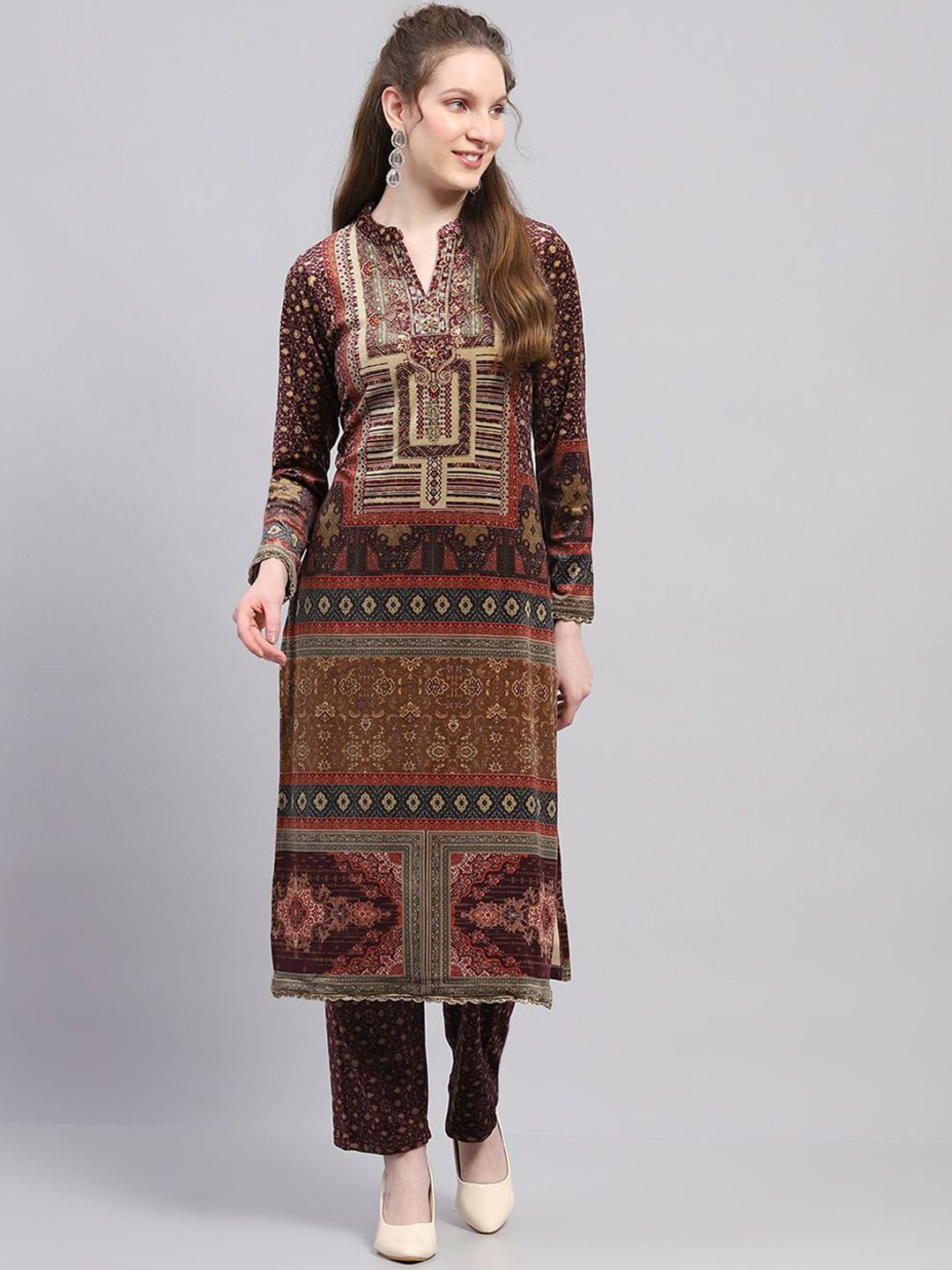 Monte Carlo Ethnic Motifs Printed Mandarin Collar Straight Kurta with Trouser And Dupatta