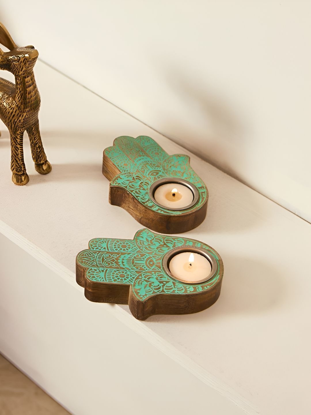 Chumbak Chumbak Green & Brown Set of 2 Candle Holder