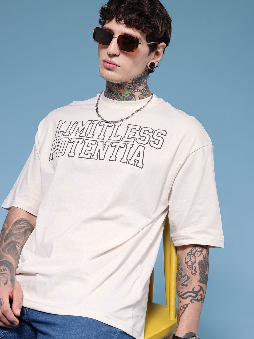 HERE&NOW Typography Printed Drop-Shoulder Sleeves Pure Cotton Relaxed Fit T-shirt