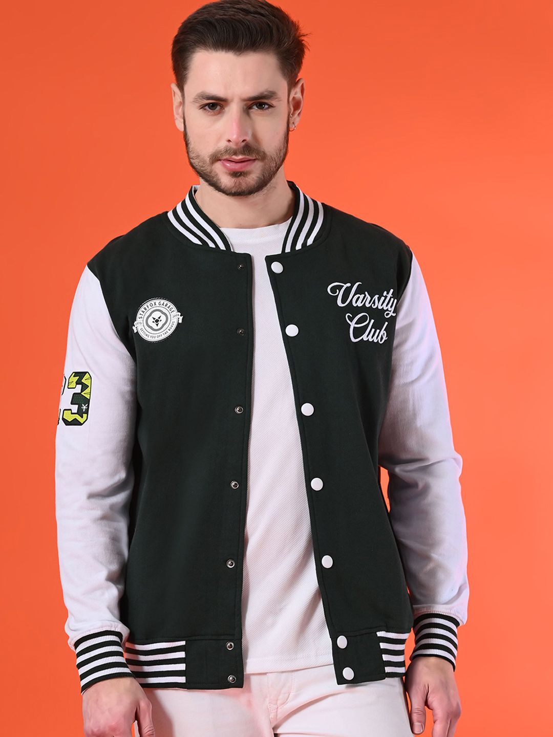 STARFOX Men Stand Collar Typography Printed Fleece Casual Lightweight Varsity Jacket