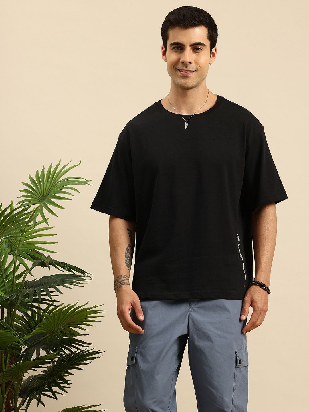 Mast & Harbour Brand Logo Printed Drop-Shoulder Sleeves Oversized Fit T-shirt