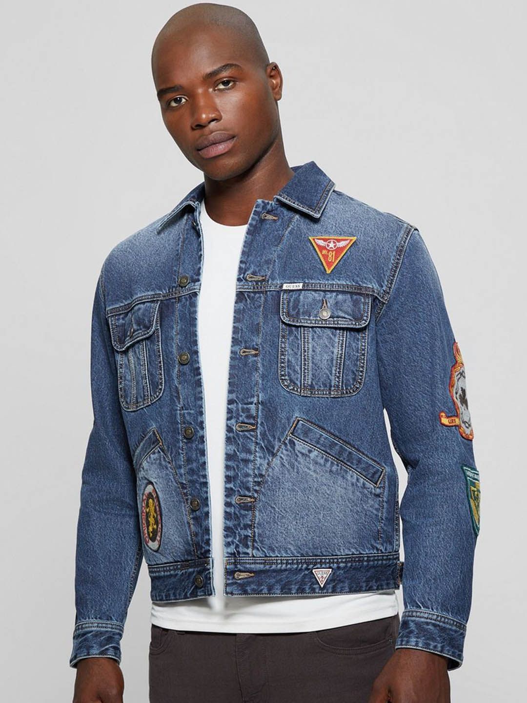 GUESS Men Spread Collar Washed Solid Cotton Casual Denim Jacket
