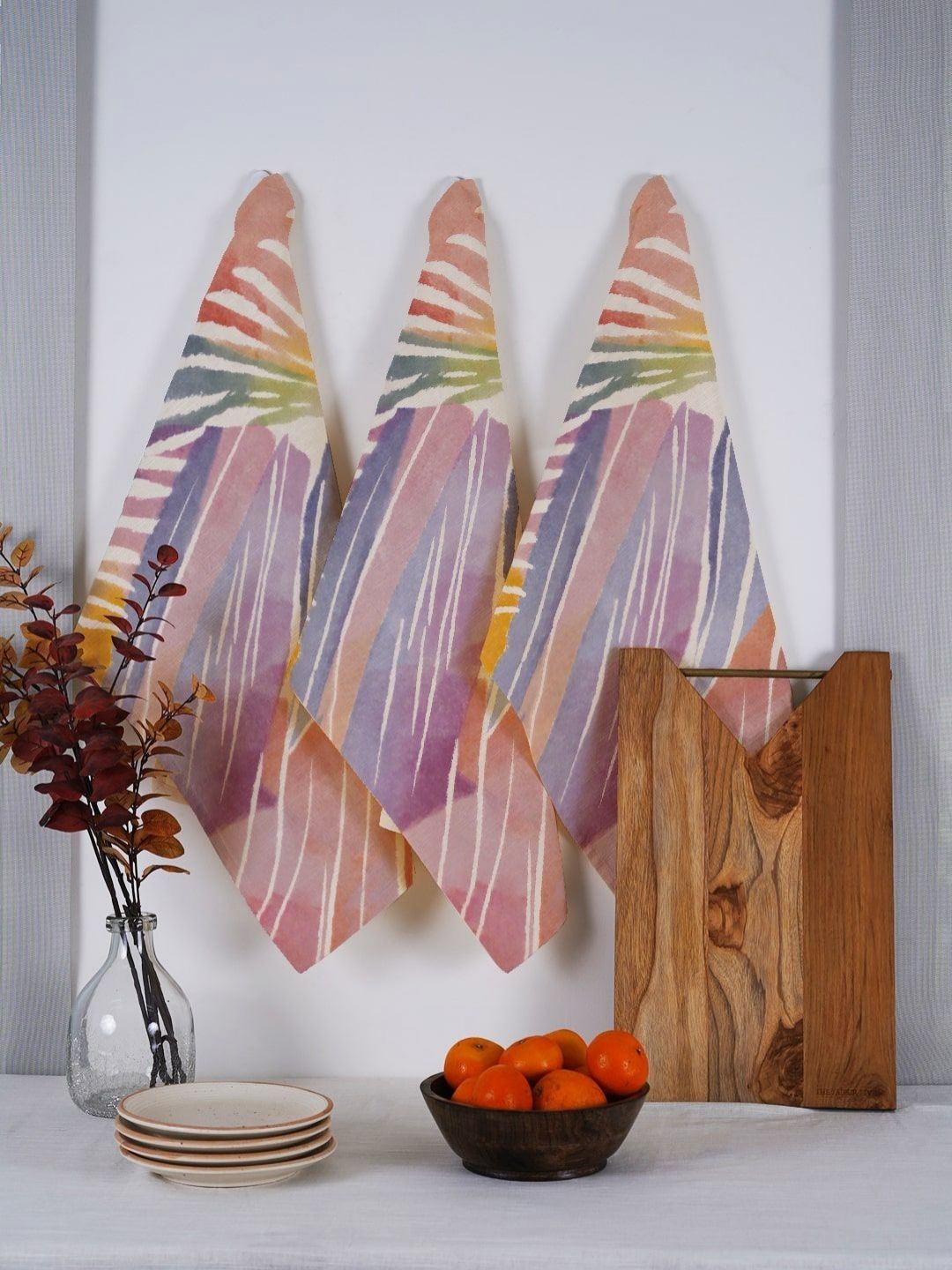 Ratan Cart Pink & Blue 3 pieces Printed Cotton Kitchen Towels