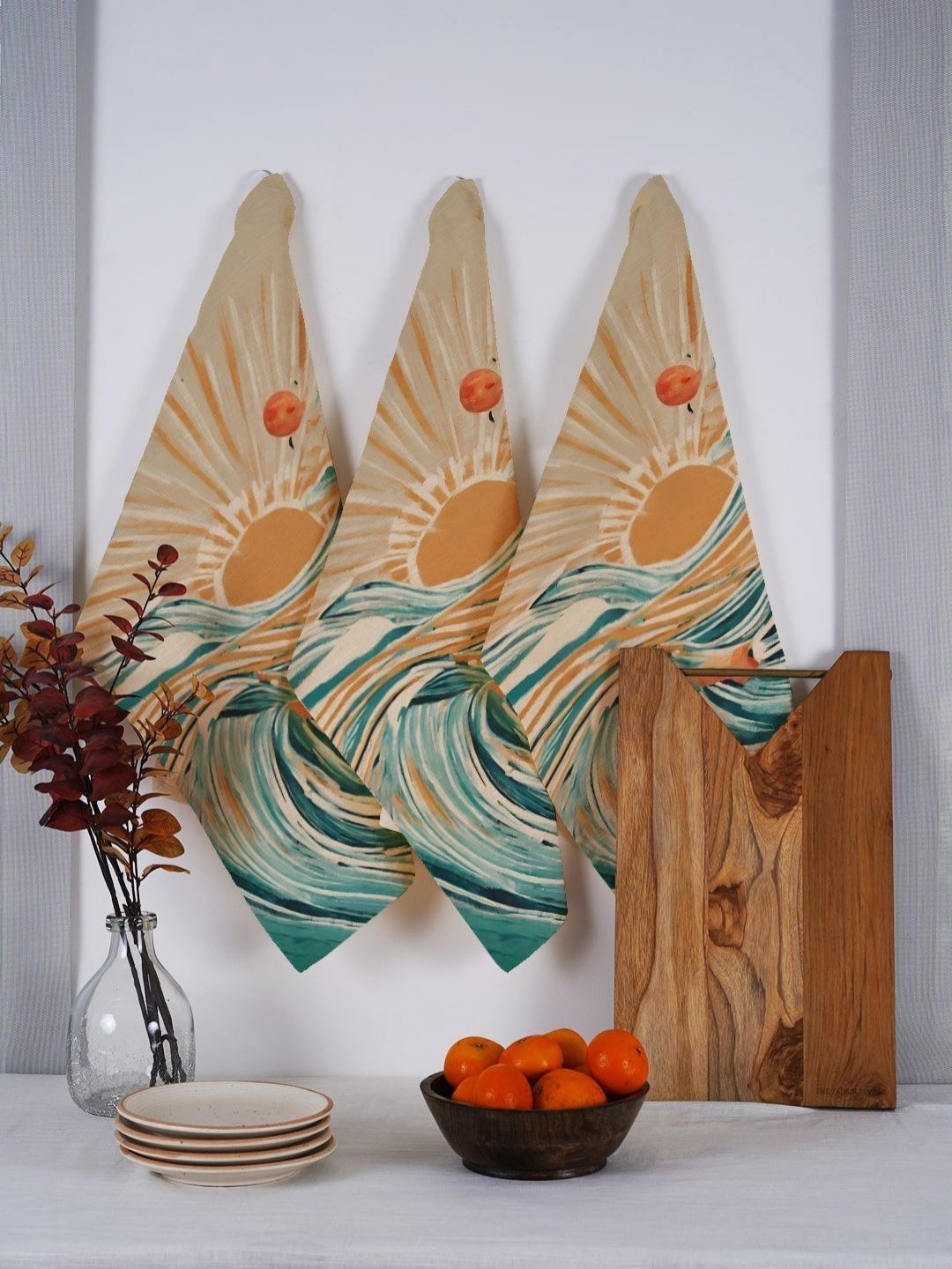 Ratan Cart Sea Green & Brown 3 Pieces Printed Cotton Kitchen Towels