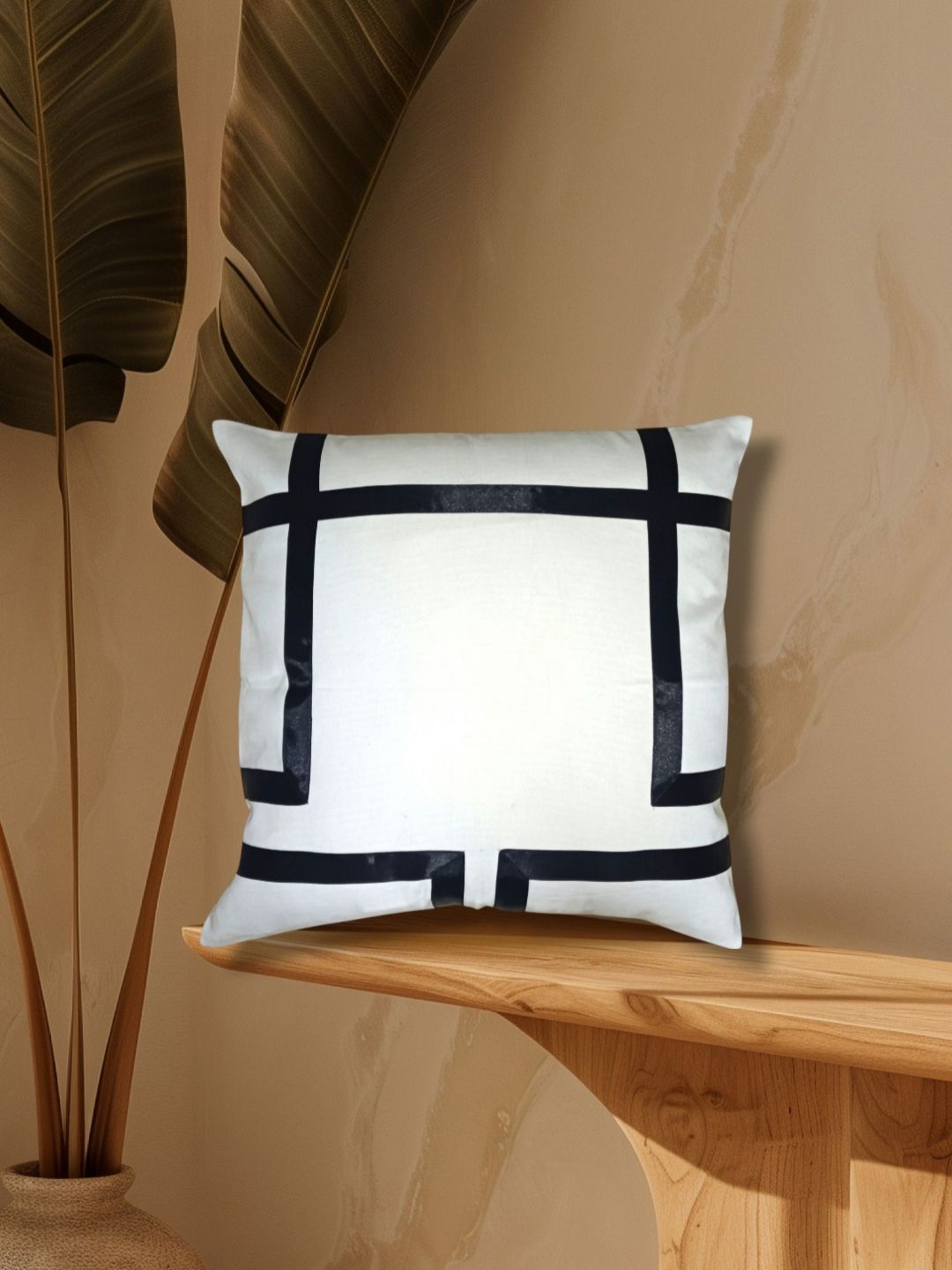 HOMPRIN White Geometric Cotton Breathable Square Cushion Cover -16x16In