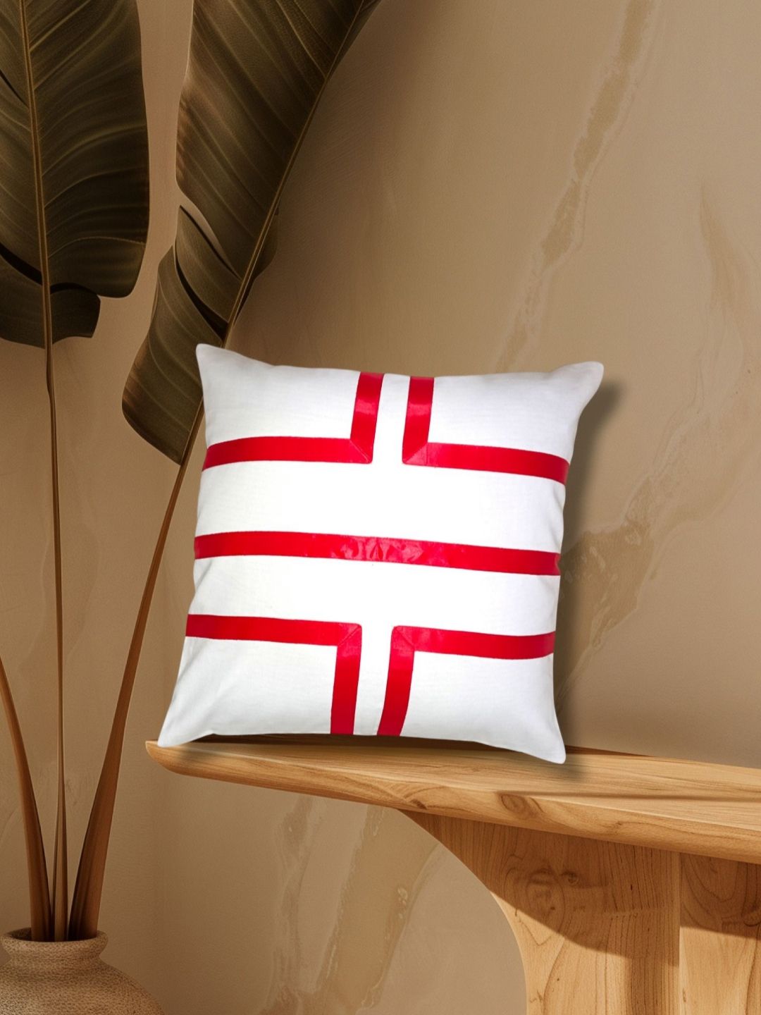 HOMPRIN White & Red Geometric Printed Pure Cotton Square Cushion Cover