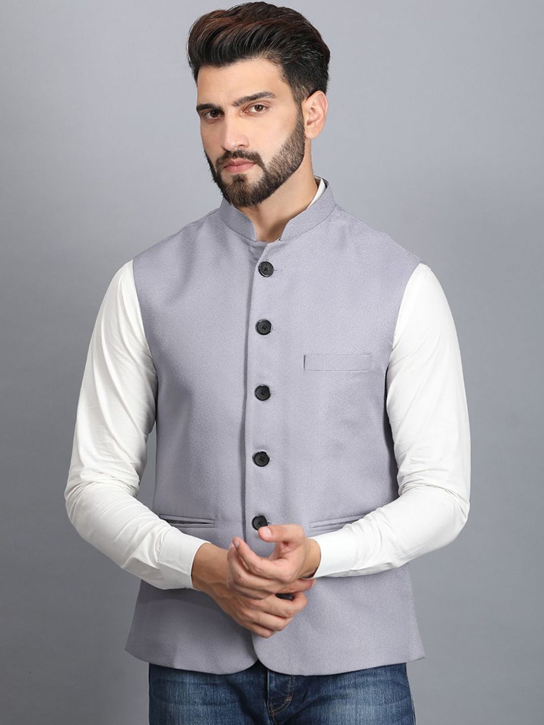 Ethluxis Mandarin Collar Woven Nehru Jackets
