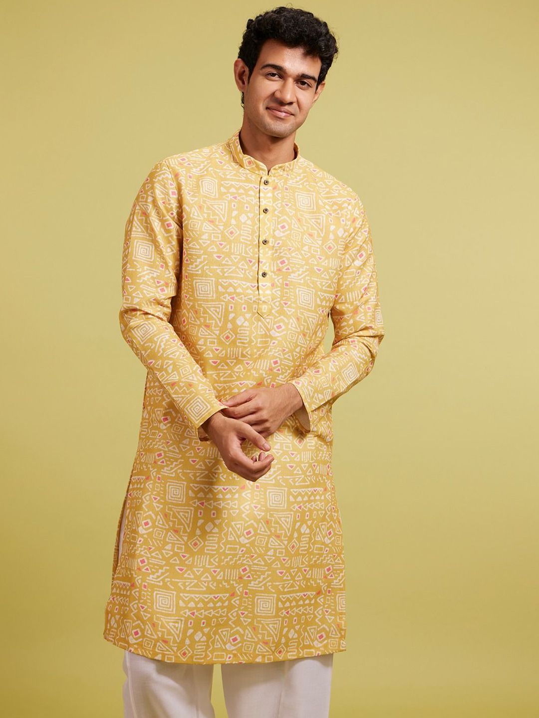 Diwas by Manyavar Geometric Printed Cotton Mandarin Collar Straight Kurta