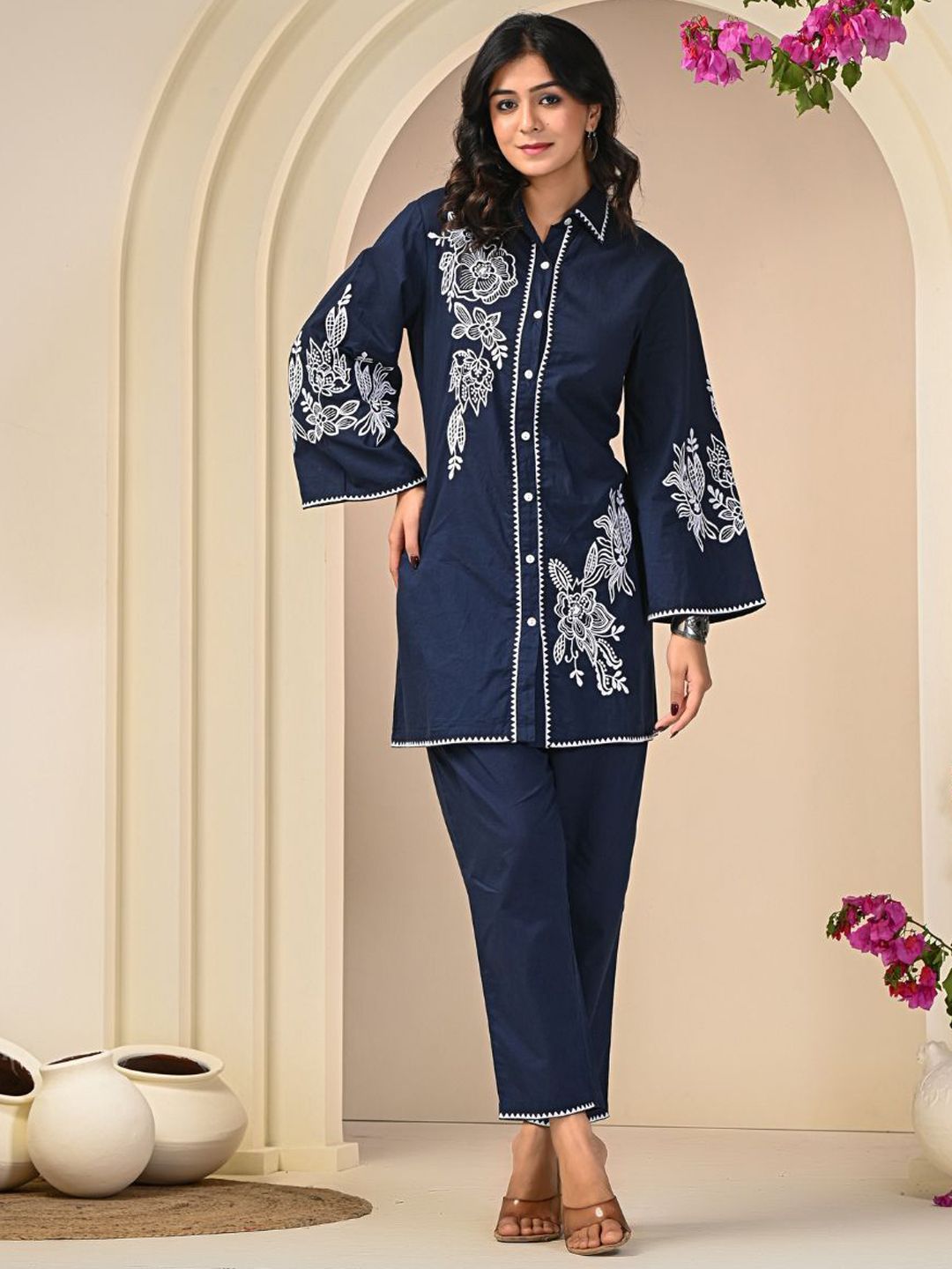 Tunic With Trouser Co-Ords Zolo Label Embroidered Shirt Collar Tunic With Trouser Co-Ords