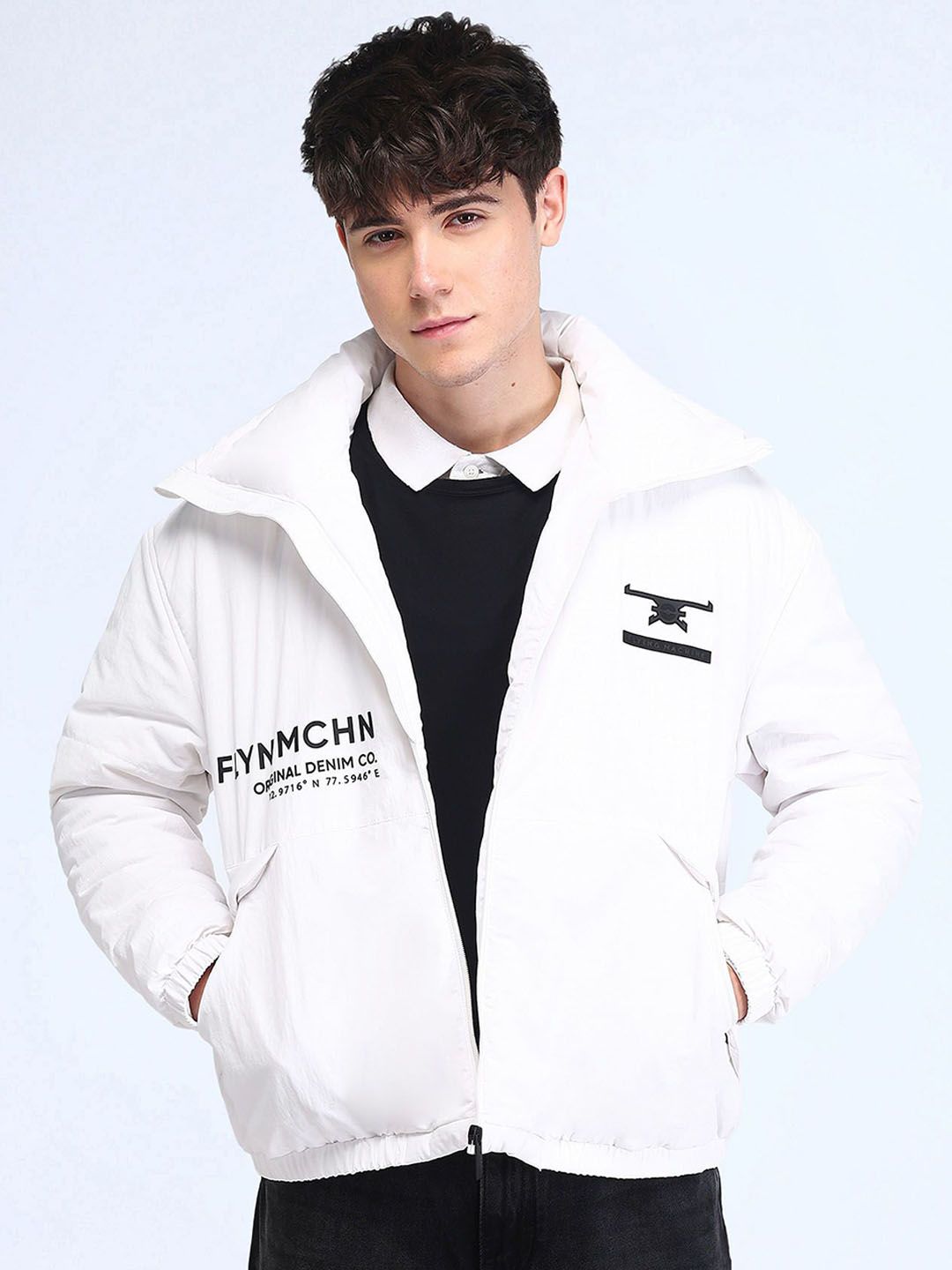 Flying Machine Men Mock Collar Typography Printed Casual Padded Jacket