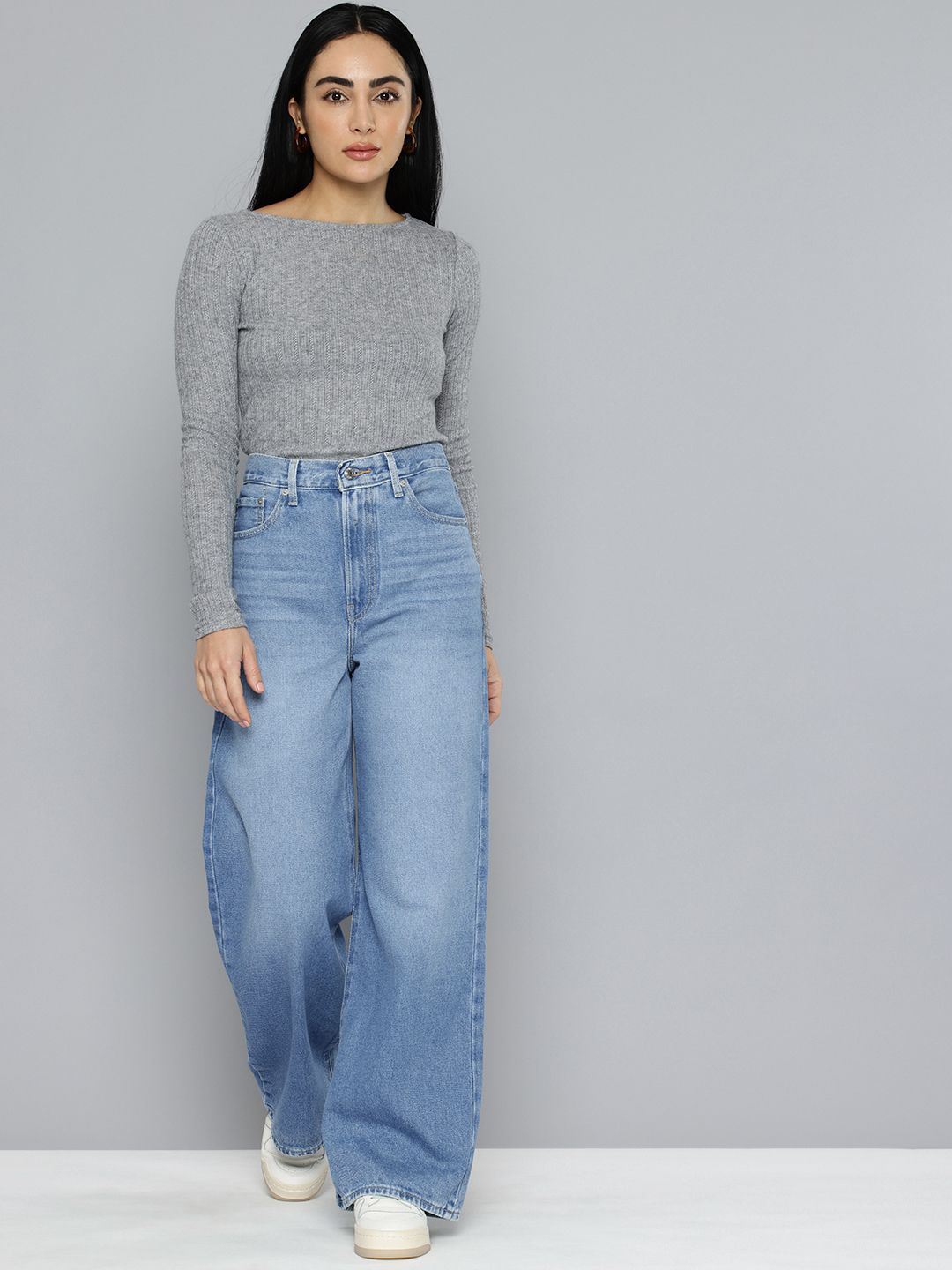 Blue Ribcage Bell Bottom Wide Leg Fit High Rise Jeans