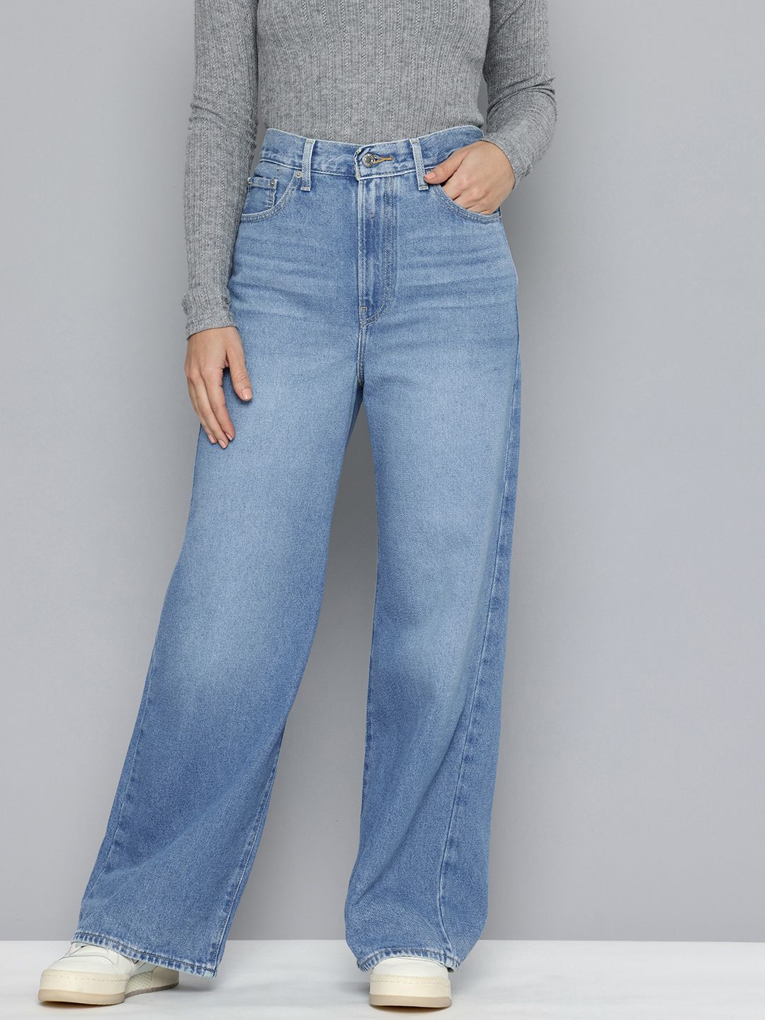 Blue Ribcage Bell Bottom Wide Leg Fit High Rise Jeans
