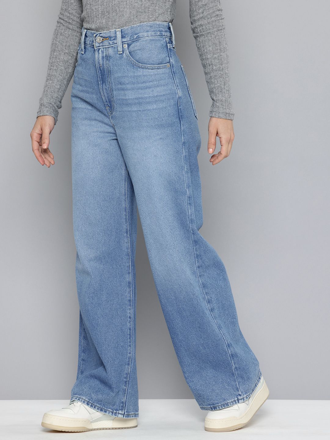 Blue Ribcage Bell Bottom Wide Leg Fit High Rise Jeans