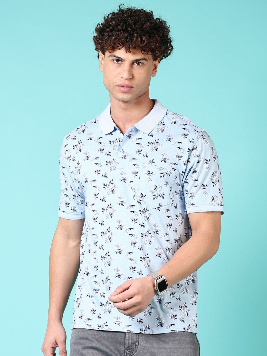 V-Mart Men Floral Printed Polo Collar Cotton T-shirt