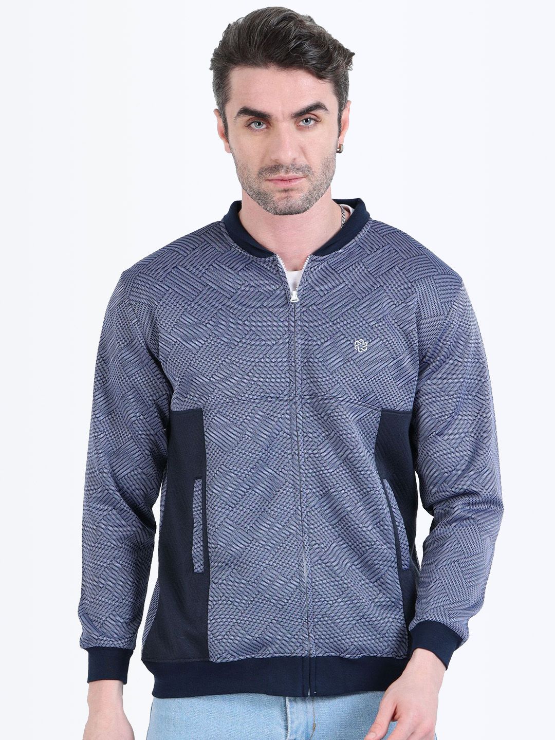 ECOLINE Clothing Men Stand Collar Geometric Printed Casual Lightweight Bomber Jacket