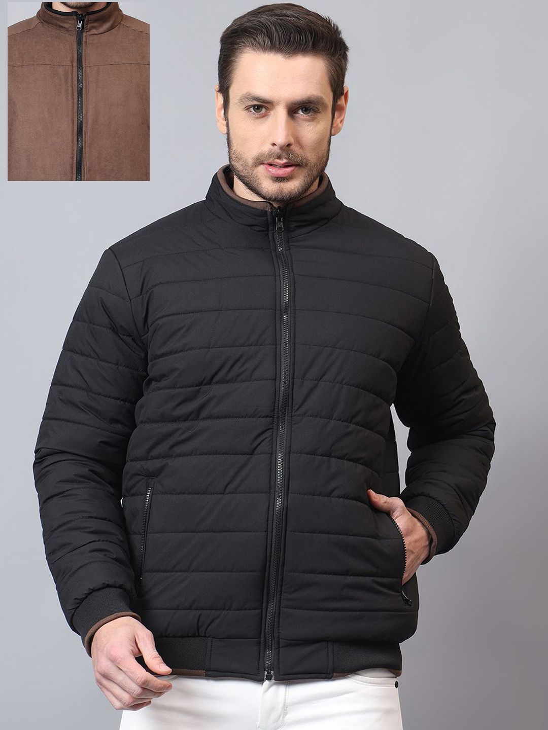 Cantabil Men Mock Collar Solid Casual Reversible Padded Jacket