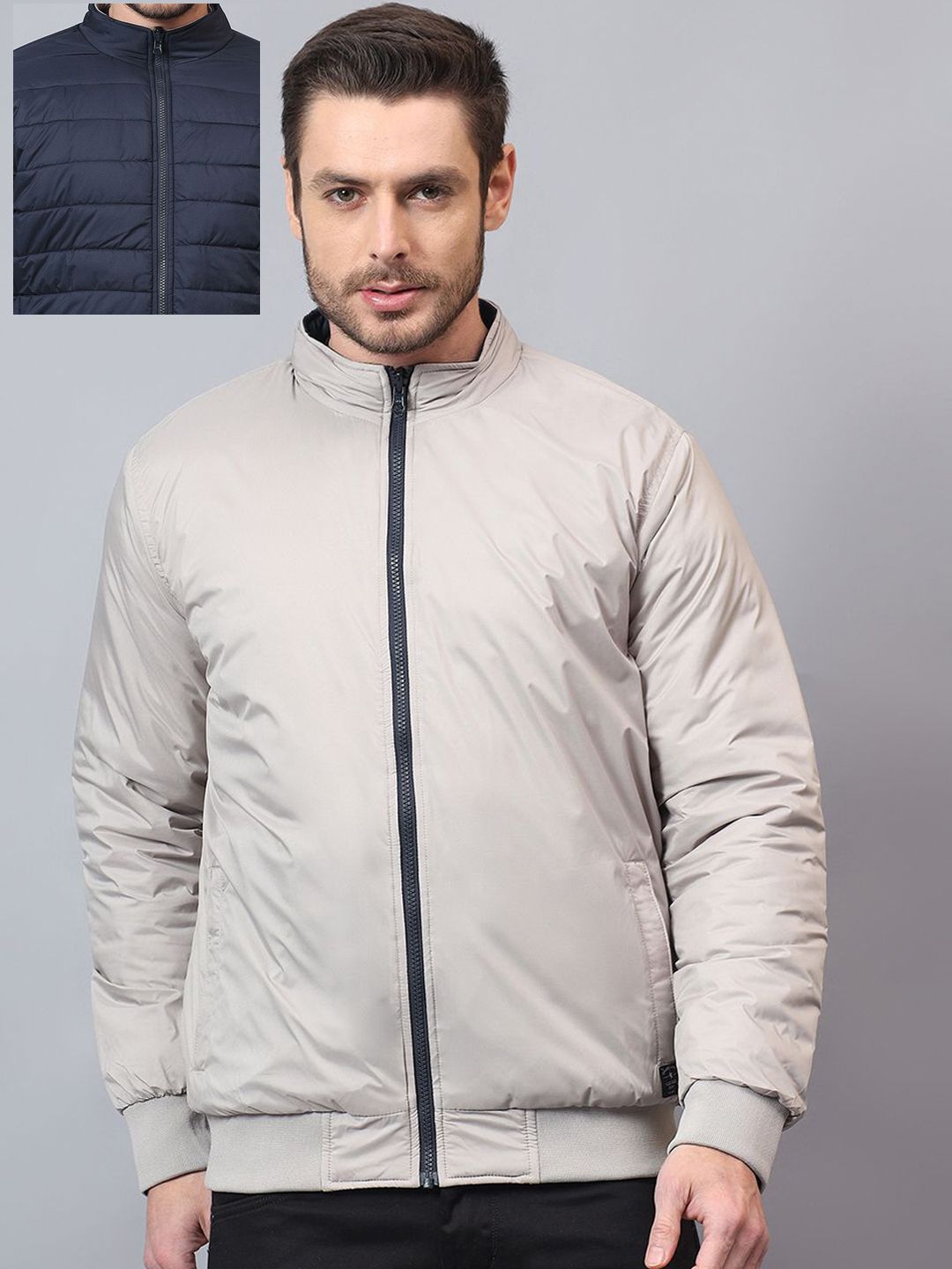 Cantabil Men Mock Collar Solid Casual Reversible Padded Jacket