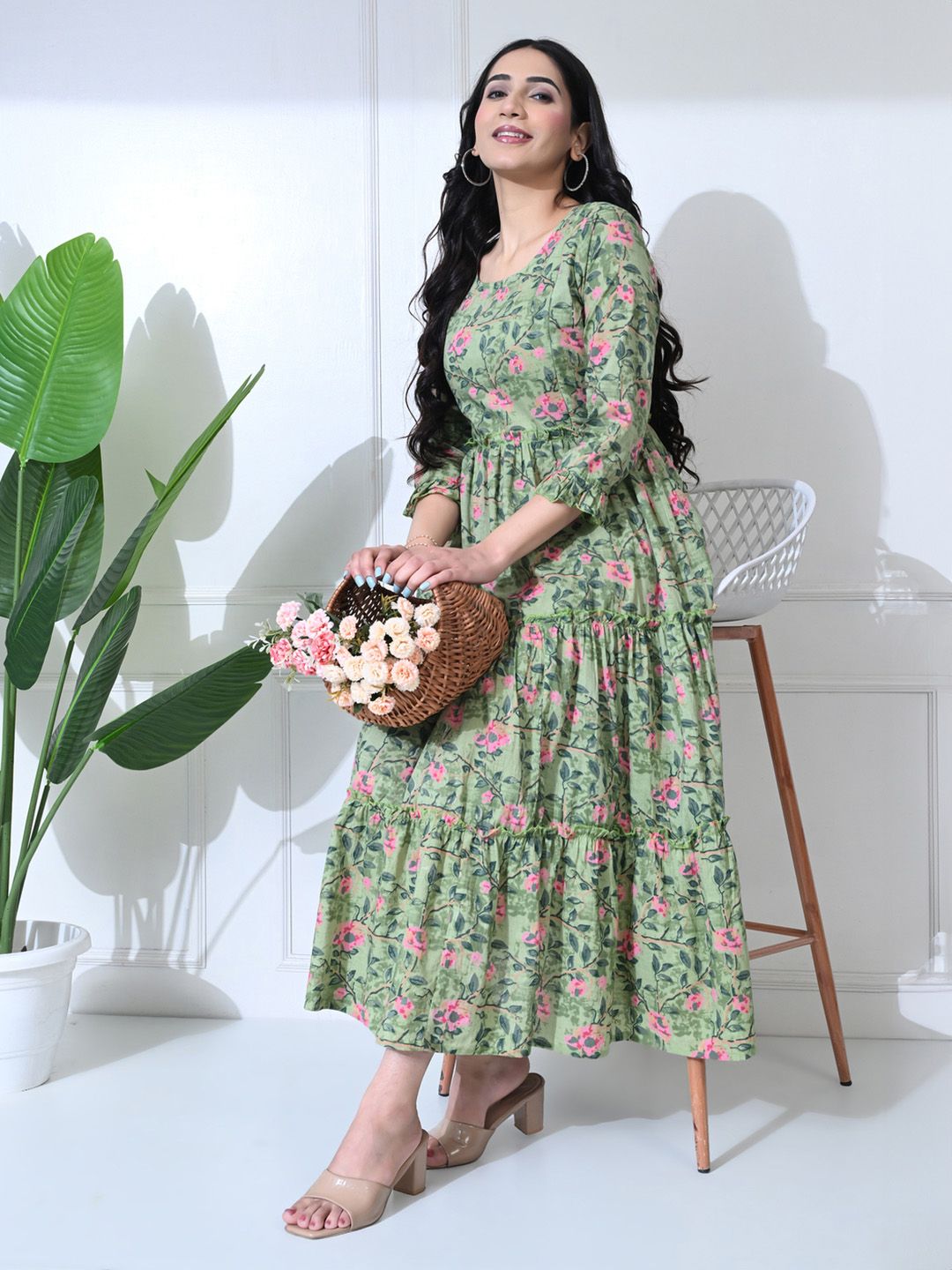 SILAKIVA Floral Printed Gathered or Pleated Cotton A-Line Maternity Midi Dress
