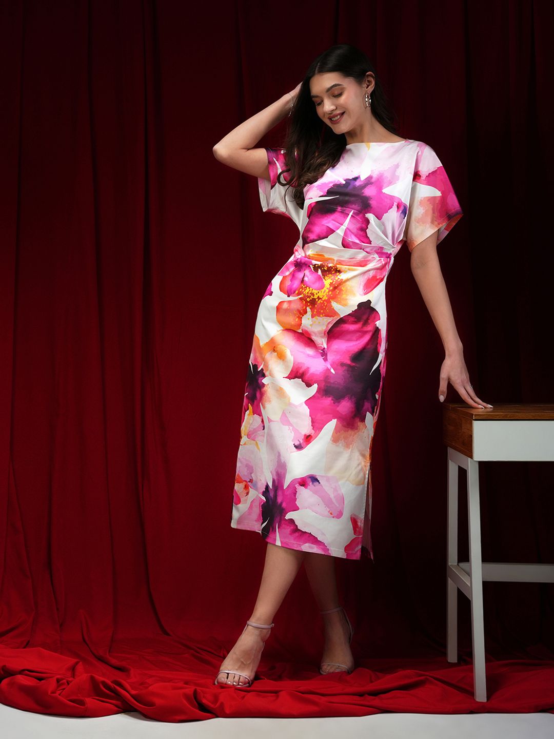 Satin Sheath Midi Dress FABLE STREET Floral Printed Satin Floral Kimono Dress  White