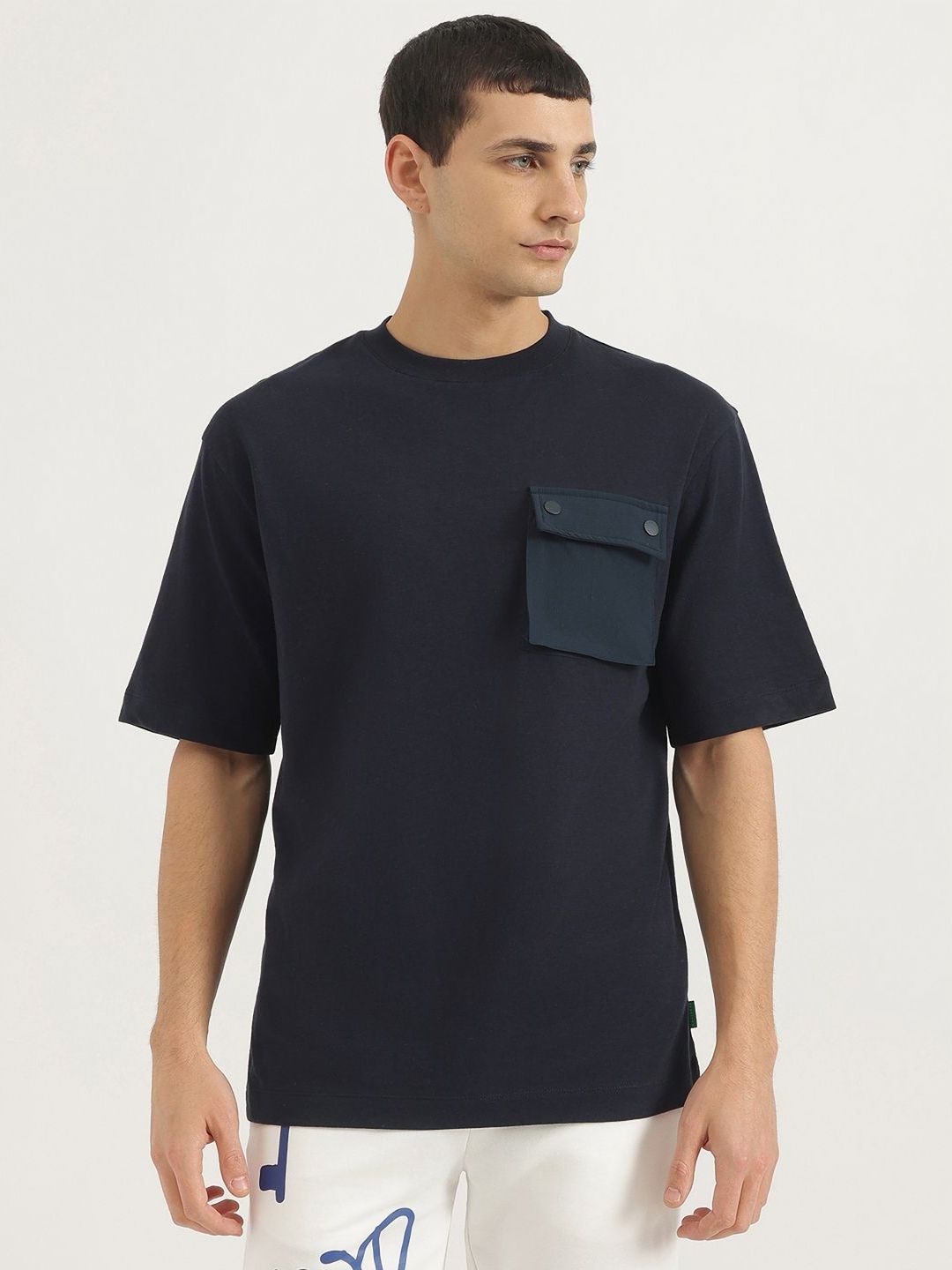 United Colors of Benetton Men Self Design Round Neck Cotton Relaxed Fit T-shirt