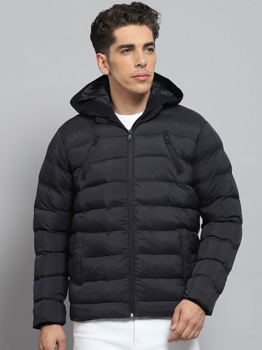 Monte Carlo Men Hooded Checked Casual Lightweight Puffer Jacket