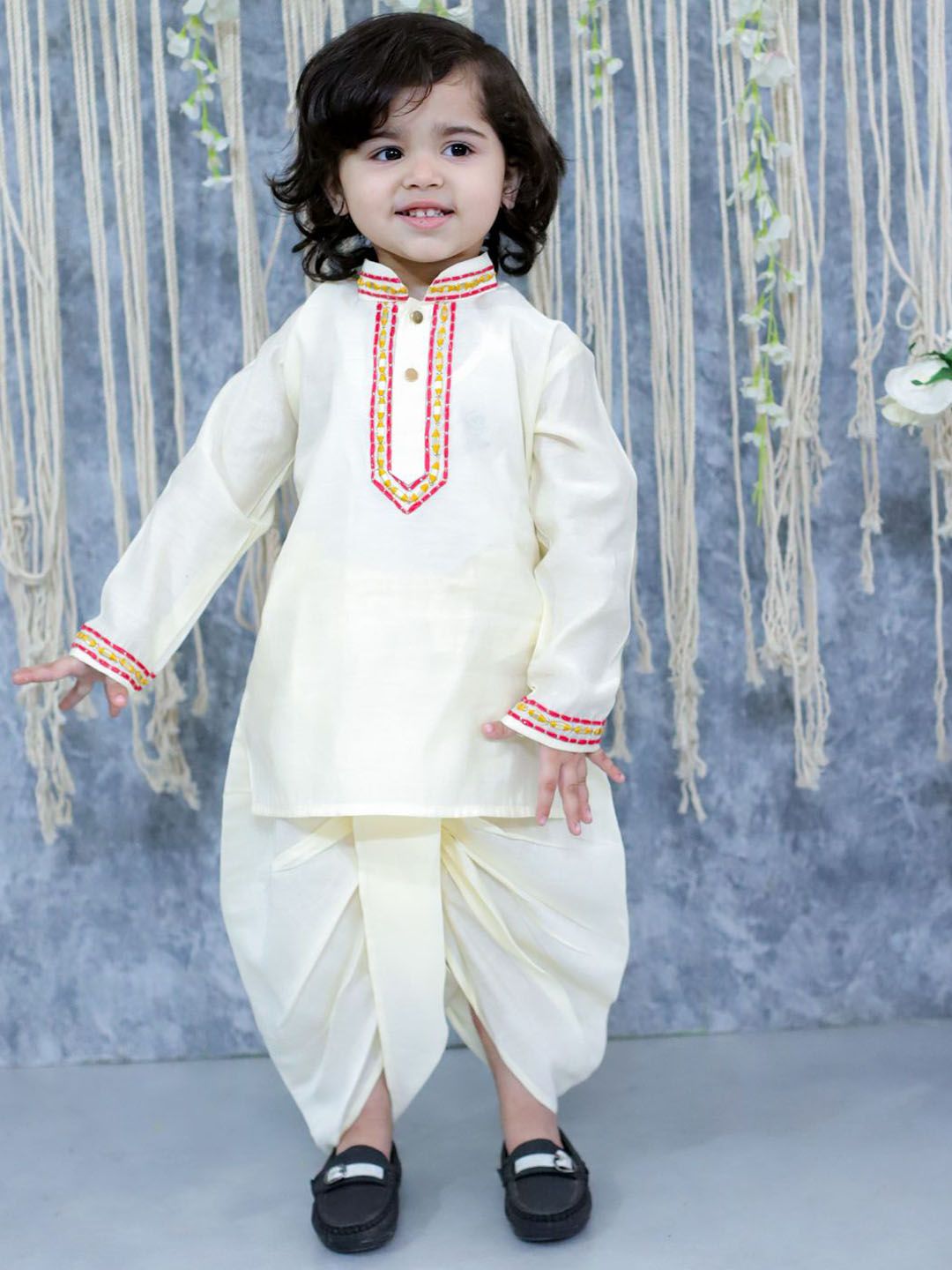 BownBee Boys Embroidered Regular Mirror Work Kurta with Dhoti Pants